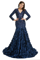 Gala Dress, Sequins Mermaid Long V Neck Prom Dresses Full Sleeve