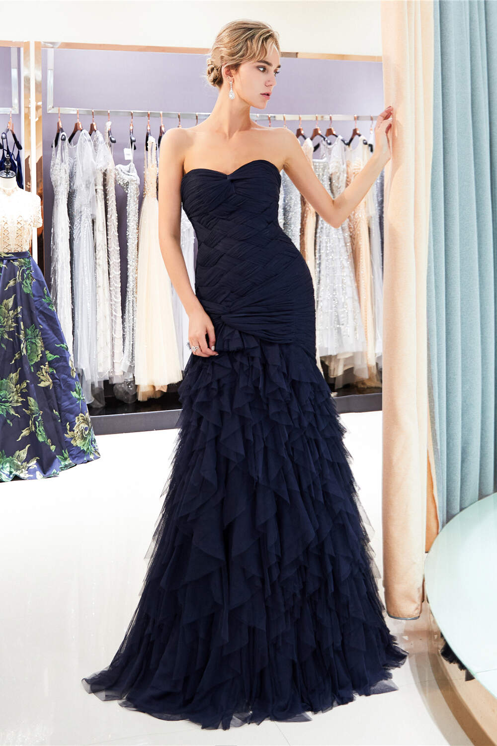 Dress To Impression, Navy Blue Sheath Sweetheart Strapless Draped Tulle Pleats Prom Dresses
