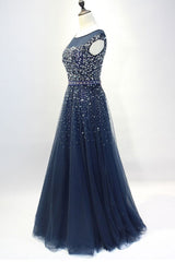 Prom Dress Long Elegent, Navy Blue Shiny Sequins Round Neckline Tulle Party Dress, A-line Tulle Blue Evening Dress Prom Dress