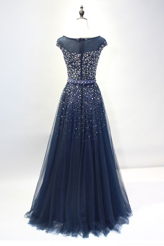 Prom Dress Long Elegant, Navy Blue Shiny Sequins Round Neckline Tulle Party Dress, A-line Tulle Blue Evening Dress Prom Dress