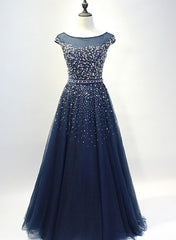 Prom Dresses Long Elegant, Navy Blue Shiny Sequins Round Neckline Tulle Party Dress, A-line Tulle Blue Evening Dress Prom Dress