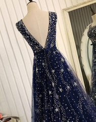 Prom Dresses Brand, Navy Blue Shiny Tulle A-line Round Neckline Long Party Dress, Blue Prom Dresses