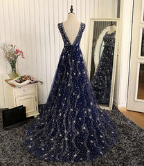 Prom Dress Brands, Navy Blue Shiny Tulle A-line Round Neckline Long Party Dress, Blue Prom Dresses