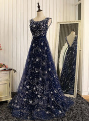 Prom Dress Stores Near Me, Navy Blue Shiny Tulle A-line Round Neckline Long Party Dress, Blue Prom Dresses