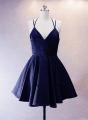 Homecoming Dresses Silk, Navy Blue Short Straps Satin Homecoming Dresses, Lovely Simple Prom Dress