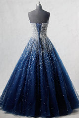 Prom Dresses 2027 Cheap, Navy Blue Strapless Floor Length Prom Ball Gown with Beading Sequins, Prom Dresses,Formal Dresses