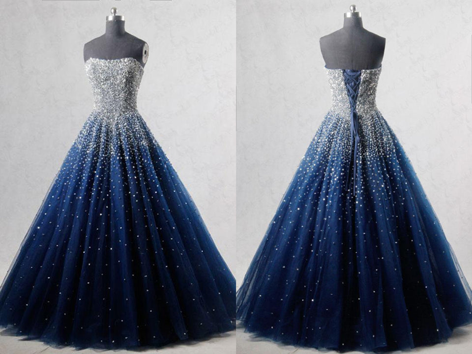 Prom Dresses Ballgown, Navy Blue Strapless Floor Length Prom Ball Gown with Beading Sequins, Prom Dresses,Formal Dresses