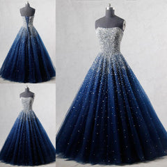 Prom Dress Ballgown, Navy Blue Strapless Floor Length Prom Ball Gown with Beading Sequins, Prom Dresses,Formal Dresses