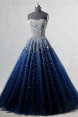 Prom Dresses Blush, Navy Blue Strapless Floor Length Prom Ball Gown with Beading Sequins, Prom Dresses,Formal Dresses