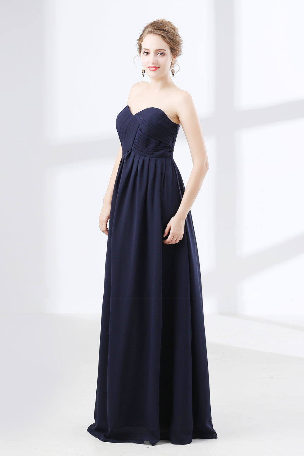 Elegant Prom Dress, Navy Blue Sweetheart High Waist Chiffon Pleats Bridesmaid Dresses