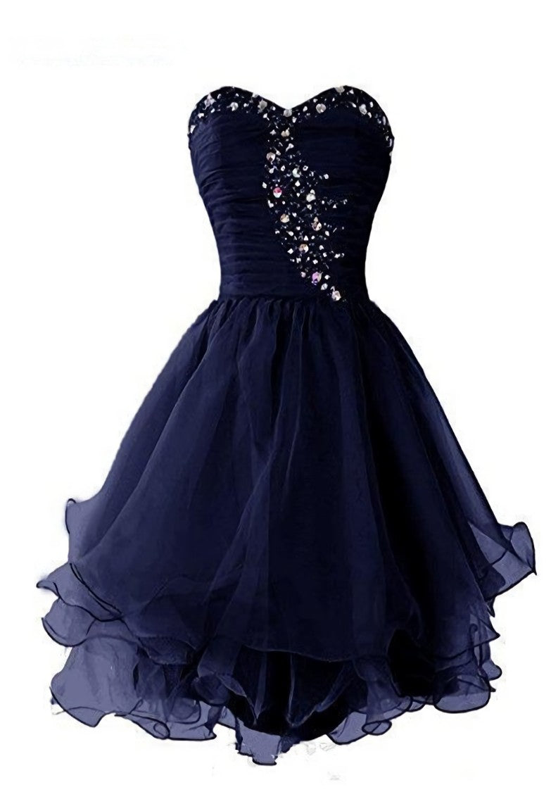 Prom Dresses Fitting, Navy Blue Sweetheart Short Homecoming Dress, Sparkly Crystal Organza Short Formal Dress