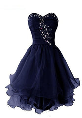 Prom Dress Fitted, Navy Blue Sweetheart Short Homecoming Dress, Sparkly Crystal Organza Short Formal Dress