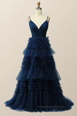 Party Dresses Style, Navy Blue Tiered Ruffle Long Ball Gown with Straps