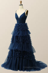 Party Dresses Styles, Navy Blue Tiered Ruffle Long Ball Gown with Straps
