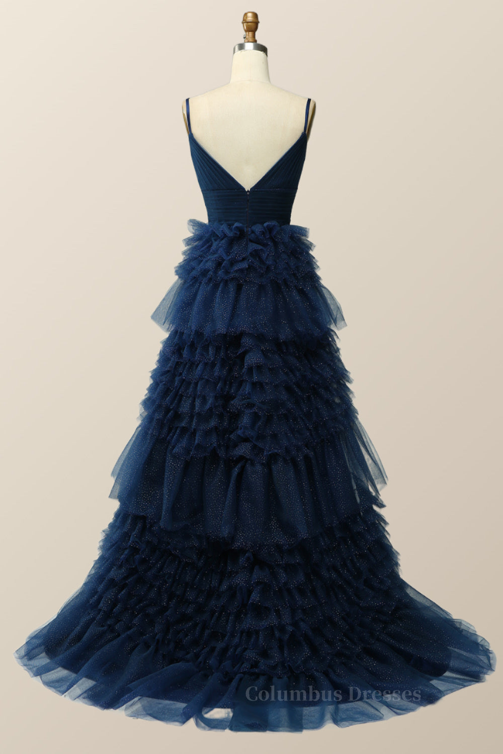 Party Dress Hair Style, Navy Blue Tiered Ruffle Long Ball Gown with Straps