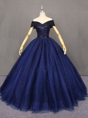 Prom Dress Modest, Navy Blue Tulle Beaded Ball Gown Sweet 16 Dress, Blue Tulle Prom Dress Party Dress