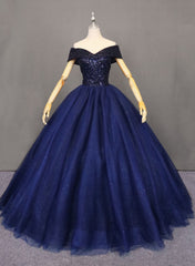 Prom Dress Emerald Green, Navy Blue Tulle Beaded Ball Gown Sweet 16 Dress, Blue Tulle Prom Dress Party Dress