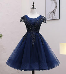 Bridesmaid Dress Spring, Navy Blue Tulle Beaded Knee Length Cap Sleeves Prom Dress, Blue Homecoming Dress