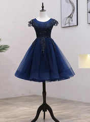 Bridesmaids Dresses Spring, Navy Blue Tulle Beaded Knee Length Cap Sleeves Prom Dress, Blue Homecoming Dress