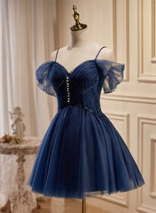 Party Dresses Summer Dresses, Navy Blue Tulle Beaded Short Prom Dress, Blue Tulle Off Shoulder Homecoming Dress