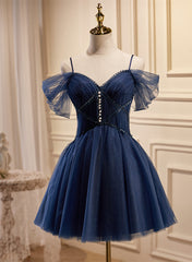 Party Dress Large Size, Navy Blue Tulle Beaded Short Prom Dress, Blue Tulle Off Shoulder Homecoming Dress