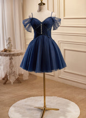 Party Dress For Teenage Girl, Navy Blue Tulle Beaded Short Prom Dress, Blue Tulle Off Shoulder Homecoming Dress