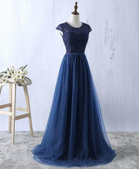 Evening Dress Fitted, Navy Blue Tulle Long Bridesmaid Dresses, Navy Blue Bridesmaid Dresses