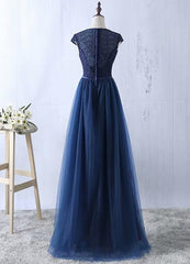 Evening Dresses Fitted, Navy Blue Tulle Long Bridesmaid Dresses, Navy Blue Bridesmaid Dresses