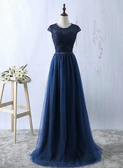 Evening Dresses Vintage, Navy Blue Tulle Long Bridesmaid Dresses, Navy Blue Bridesmaid Dresses