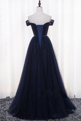 Evening Dresses 3 5 Sleeve, Navy Blue Tulle Long Party Dress, Simple Off Shoulder Blue Bridesmaid Dress