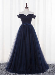 Evening Dress Long Sleeve, Navy Blue Tulle Long Party Dress, Simple Off Shoulder Blue Bridesmaid Dress