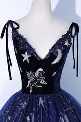 Prom Dresses Fitted, Navy Blue Tulle Long Prom Dress, Spaghetti Straps Lace Flower Backless Formal Dress