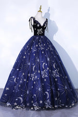 Prom Dresses Simple, Navy Blue Tulle Long Prom Dress, Spaghetti Straps Lace Flower Backless Formal Dress