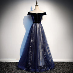 Homecoming Dresses Pretty, Navy Blue Tulle Off Shoulder Velvet Top Long Party Dress, Blue Evening Dress Prom Dress
