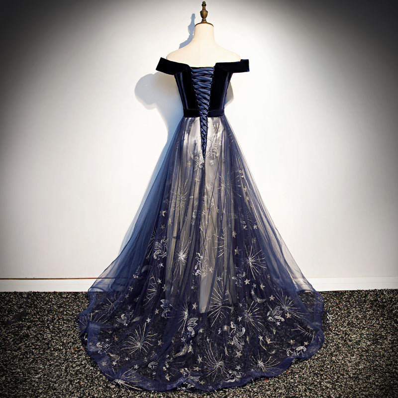 Homecoming Dress Pretty, Navy Blue Tulle Off Shoulder Velvet Top Long Party Dress, Blue Evening Dress Prom Dress