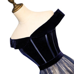Homecoming Dresses Online, Navy Blue Tulle Off Shoulder Velvet Top Long Party Dress, Blue Evening Dress Prom Dress