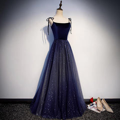 Bridesmaids Dresses Neutral, Navy Blue Tulle Straps Long Velvet Party Dress, Blue Prom Dress