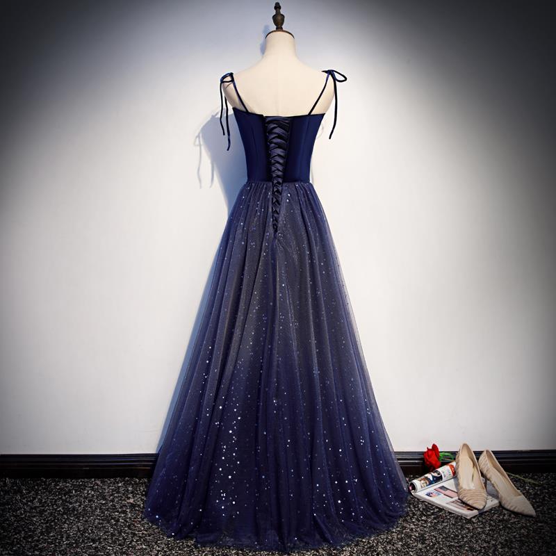 Bridesmaid Dress Neutral, Navy Blue Tulle Straps Long Velvet Party Dress, Blue Prom Dress