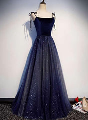 Bridesmaid Dress Dark, Navy Blue Tulle Straps Long Velvet Party Dress, Blue Prom Dress