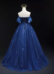 Satin Dress, Navy Blue Tulle Sweetheart A-line Prom Dress Party Dress, Navy Blue Floor Length Evening Dress