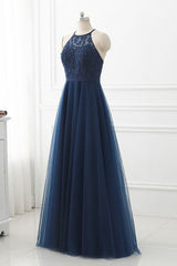 Party Dress Express, Navy Blue Tulle with Lace Applique Long Party Dress, Blue Prom Dress