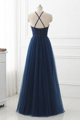 Party Dress And Style, Navy Blue Tulle with Lace Applique Long Party Dress, Blue Prom Dress