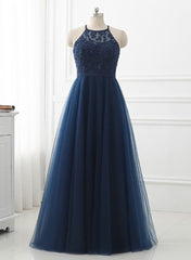 Party Dresses Express, Navy Blue Tulle with Lace Applique Long Party Dress, Blue Prom Dress