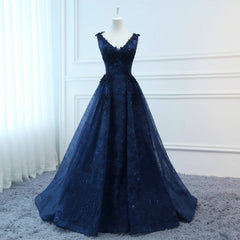Bridesmaide Dress Colors, Navy Blue V-neckline Lace Long Party Dress with Flowers, Blue V-neckline Prom Dress