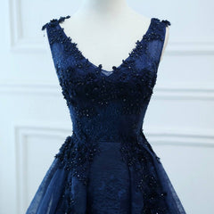 Bridesmaid Dress Colorful, Navy Blue V-neckline Lace Long Party Dress with Flowers, Blue V-neckline Prom Dress