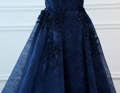Bridesmaids Dress Colors, Navy Blue V-neckline Lace Long Party Dress with Flowers, Blue V-neckline Prom Dress