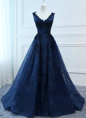 Bridesmaids Dresses Color, Navy Blue V-neckline Lace Long Party Dress with Flowers, Blue V-neckline Prom Dress