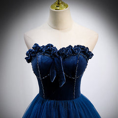Party Dresses Long Sleeved, Navy Blue Velvet Top and Tulle Long Formal Dress, Blue Sweetheart Prom Dress
