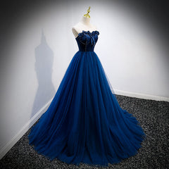 Party Dress Set, Navy Blue Velvet Top and Tulle Long Formal Dress, Blue Sweetheart Prom Dress
