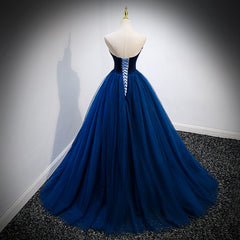 Party Dress Meaning, Navy Blue Velvet Top and Tulle Long Formal Dress, Blue Sweetheart Prom Dress